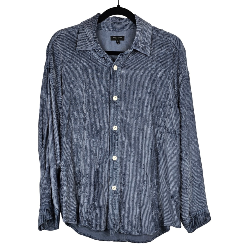 Rag & Bone Men's Pleated Rib Button Down Shirt Blue Viscose Long Sleeve Small